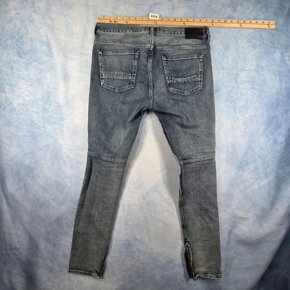 PacSun Mens Stacked Skinny Biker Moto Jeans Blue Distressed Ankle Zip 31x32
